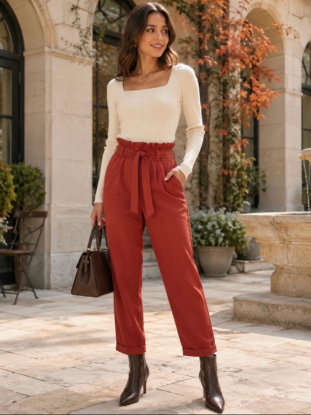 Zara TRF Paperbag Waist Tapered Pants Brick Red Tie Belt Size Large